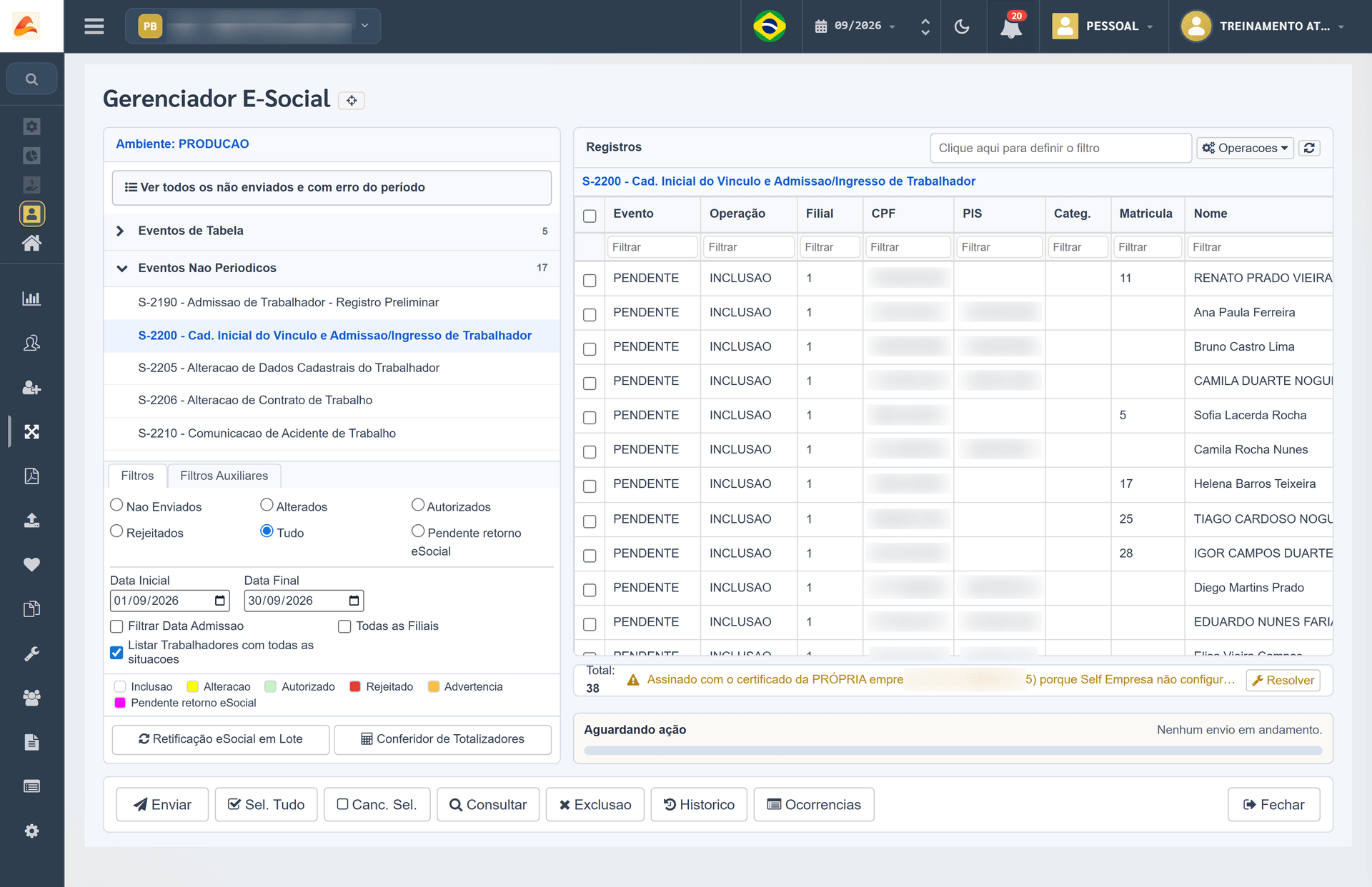 Gerenciador do eSocial no Athenas Online com os eventos S-2200 dos trabalhadores prontos para enviar