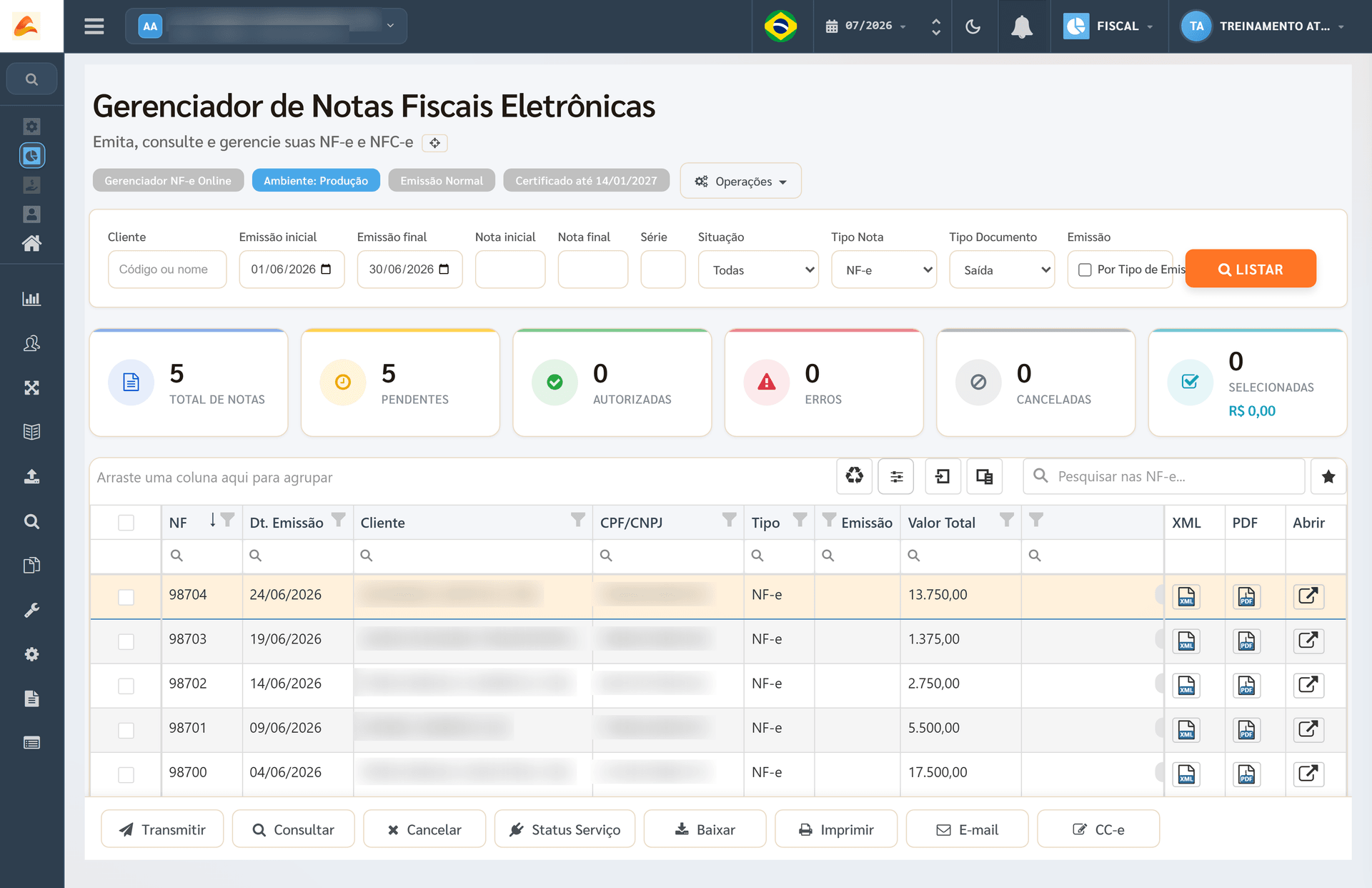 Gerenciador de NF-e do Athenas Online com os totais do período e a lista de notas emitidas para cada cliente
