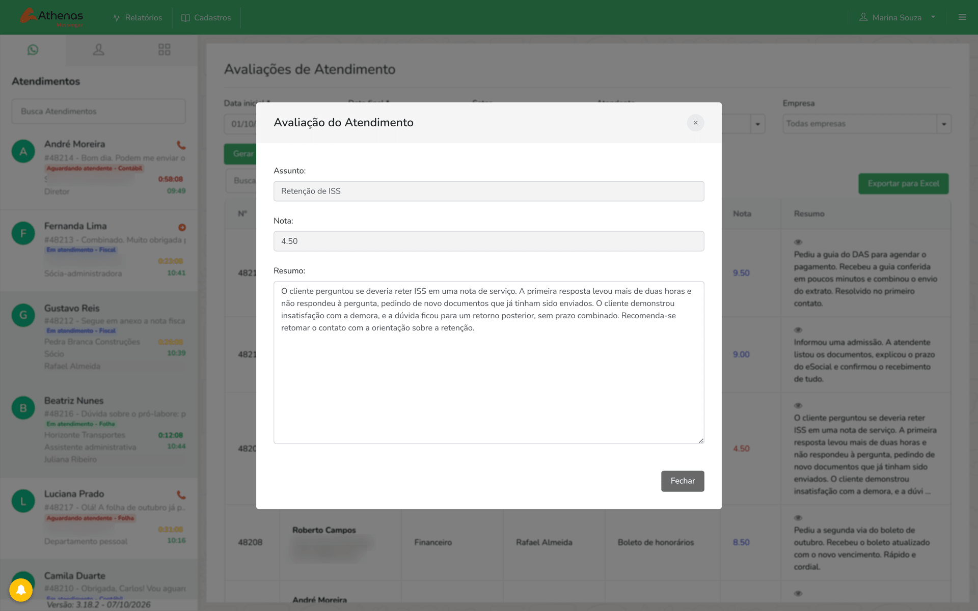 Avaliação de um atendimento pela IA no Athenas Messenger: assunto, nota 4,50 e o resumo apontando a demora e a dúvida sem resposta