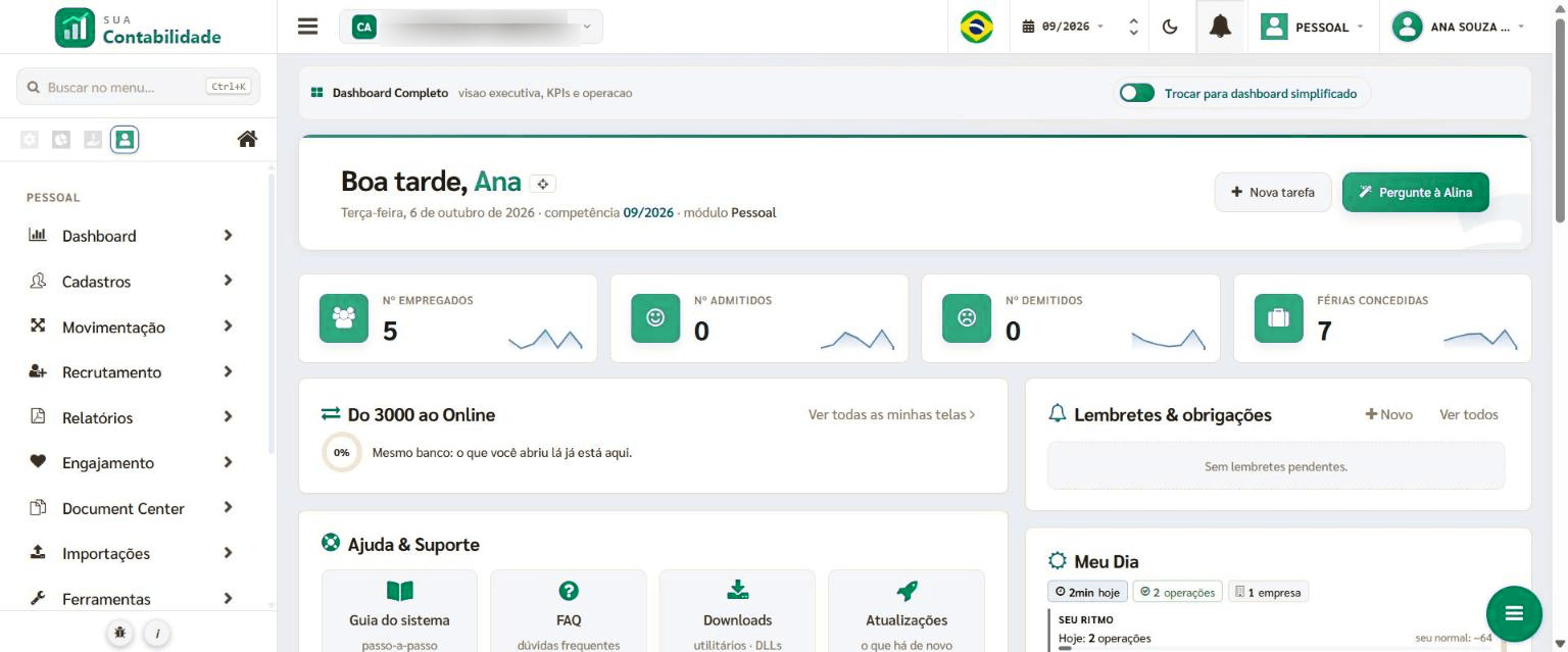 Tela inicial que o cliente vê depois de entrar, com a logomarca e as cores da contabilidade (fictícia Sua Contabilidade, em verde)