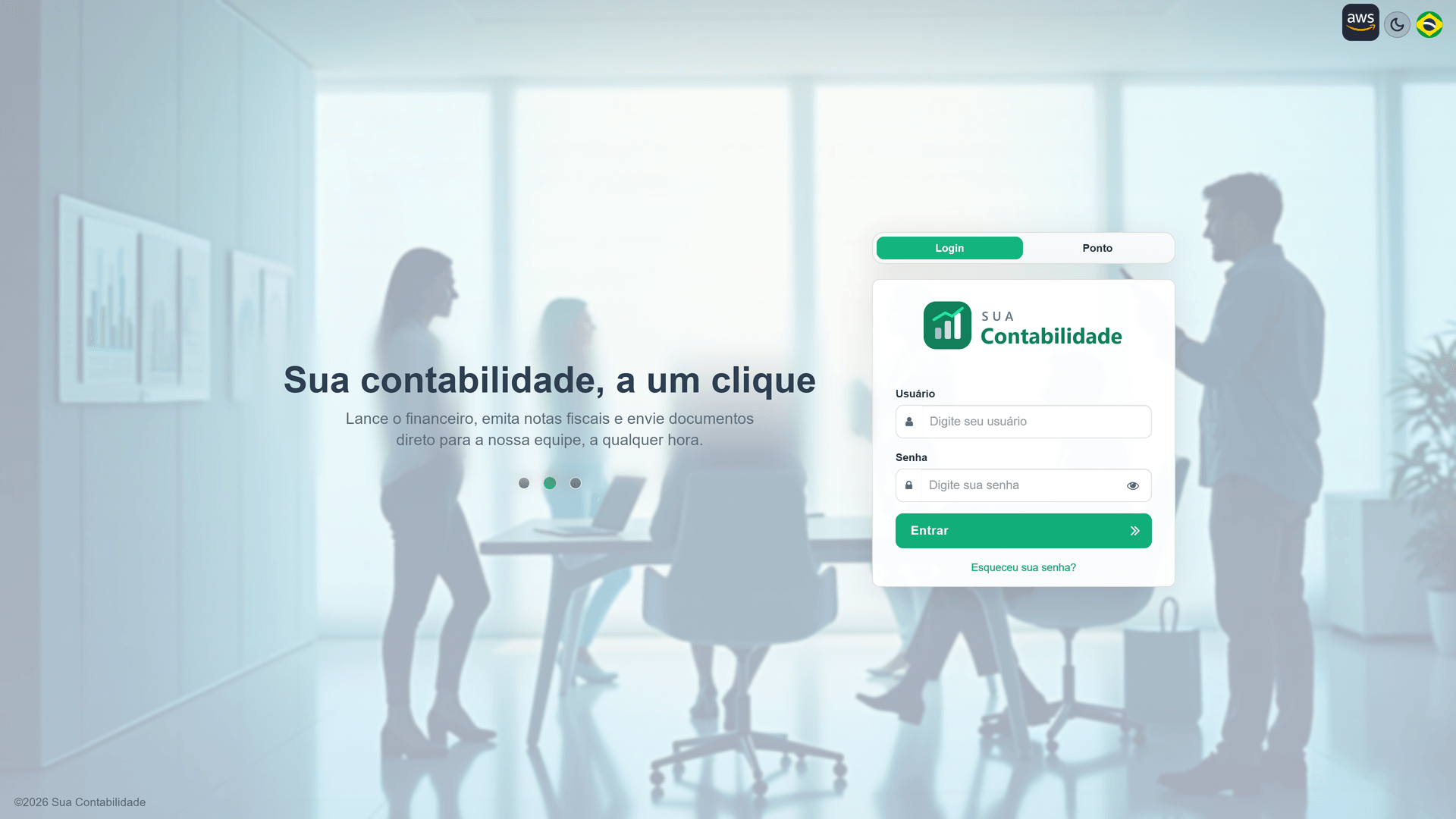 Tela de login com a marca e as cores da contabilidade (fictícia Sua Contabilidade, em verde): o cliente acessa o sistema com a identidade do escritório